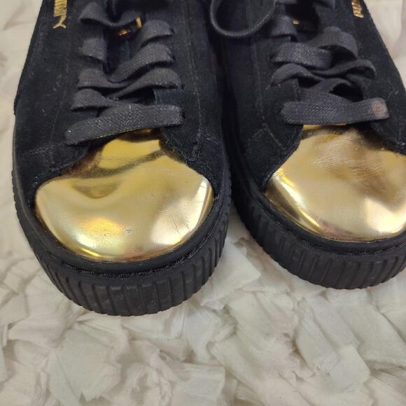 Puma Basket Low Top Shoes Womens Size 8.5 Black Suede Gold Metallic Toe Cap - Picture 6 of 14